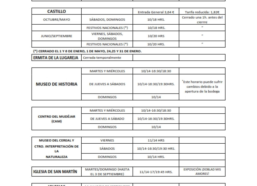 Horario de recursos culturales y turísticos